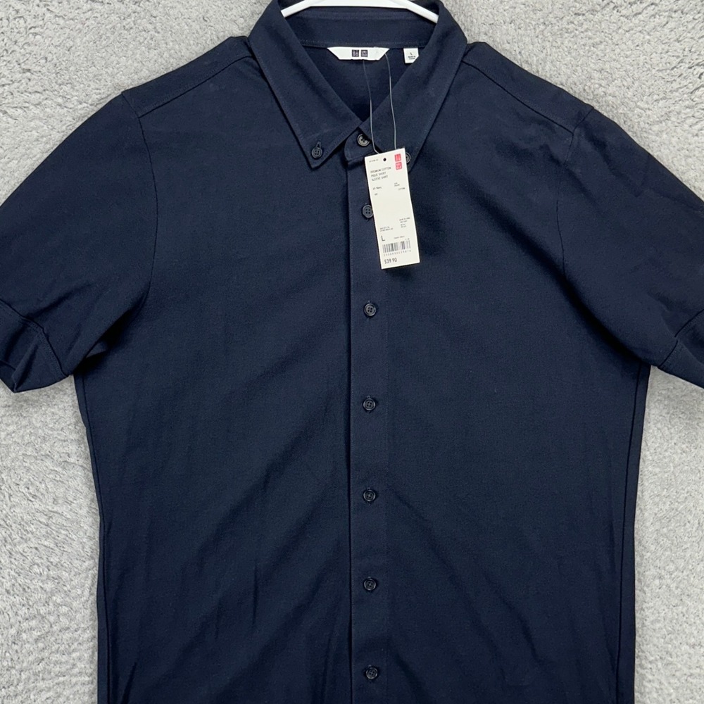 Uniqlo Mens Button Down Shirt Large Navy Premium Cotton Pique Short Sleeve NEW